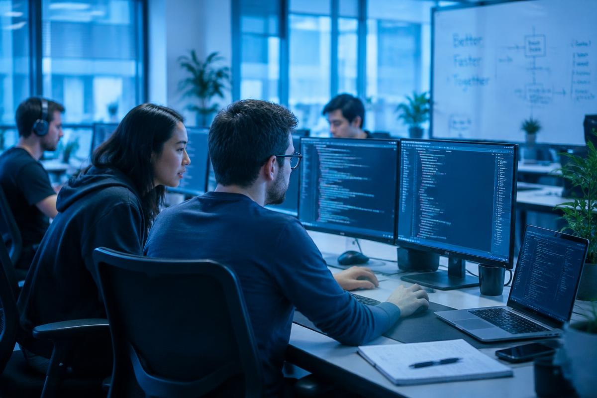 Software developers collaborating in a modern office
